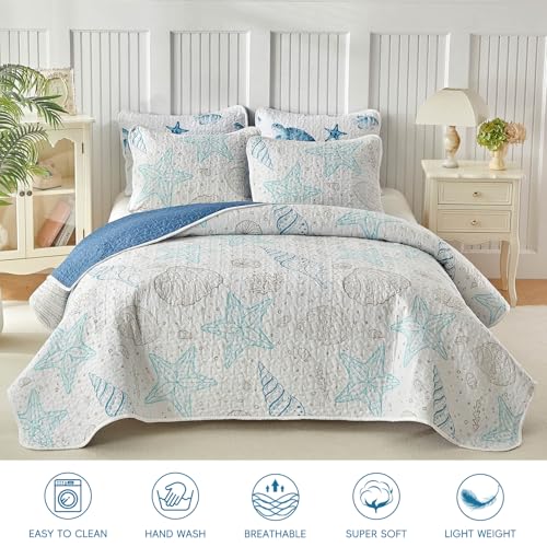 Coastal Quilt Sets Twin Size - Reversible Microfiber Ocean Style with Starfish Scallop Shell Soft Beach Bedding Nautical Bedspread Coverlet Summer Comforter with 1 Sham - color: Starfish, size: Twin-68x86 in
