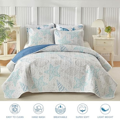 Coastal Quilt Sets King Size - Reversible Microfiber Ocean Style with Starfish Scallop Shell Soft Beach Bedding Nautical Bedspread Coverlet Summer Comforter with 2 Shams - color: Starfish, size: King-102*88in