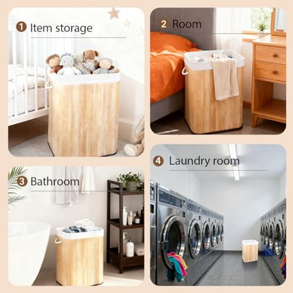 21 Gallon Bamboo Slim Trash Can with Lid,Slim Laundry Hamper,Removable and Machine Washable Liner,Foldable Slim Rectangular Laundry Basket for Laundry Room,Bedroom,Salon Spa