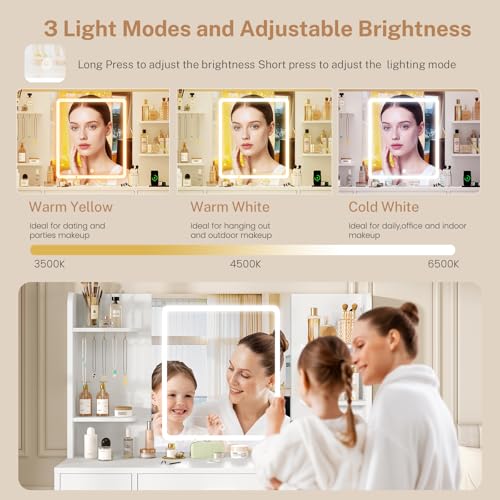 Quimoo Large Vanity Desk with LED Lighted Mirror & Power Outlet, Makeup Vanity Table with 7 Drawers,4 Shelves and 5 Hooks, White Vanity for Bedroom, Bathroom - color: White 4 Drawers Vanity