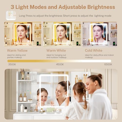 Quimoo Large Vanity Desk with LED Lighted Mirror & Power Outlet, Makeup Vanity Table with 7 Drawers,4 Shelves and 5 Hooks, White Vanity for Bedroom, Bathroom - color: White 4 Drawers Vanity