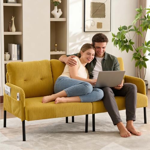 Loveseat Sofa, 67” Small Sofa Couch for Living Room, Comfy Corduroy Fabric Love Seat for Bedroom with Throw Pillow,Removable Cushion Cover,Couches for Small Space,Apartment,Dorm (Yellow) - color: Yellow, size: 67"
