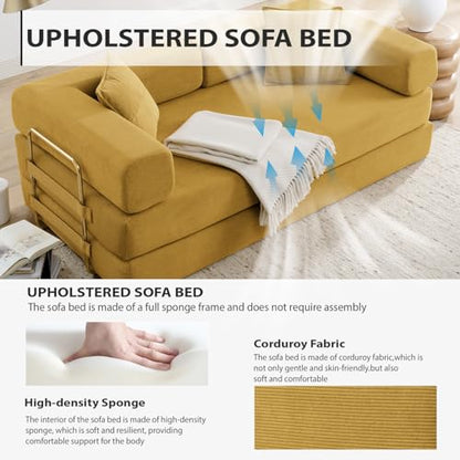 HANXIN Convertible Sleeper Sofa Bed, 78 Inch Folding Floor Mattress Couch with Fixed-Shape Frame, Futon Boneless Couch Lounge Loveseat with Pull Out Bed, No Assembly Required (Yellow) - color: Yellow, size: 78" Loveseat Sofa Bed