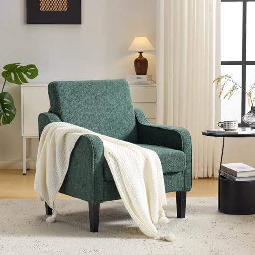 VINGLI Upholstered Chenille Accent Chair for Living Room, Bedroom, Mid-Century Modern Arm Chair Comfy Reading Chair with Scooped Arms (1, Dark Green) - color: Dark Green