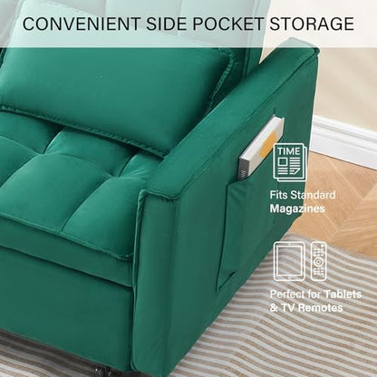 3 in 1 Convertible Sleeper Sofa Bed, Velvet Loveseat Futon Pull-Out Couch with Adjustable Reclining Backrest, Side Pockets and Pillows for Living Room, Bedroom, Apartment, Small Spaces (Green-Velvet) - color: Green-velvet