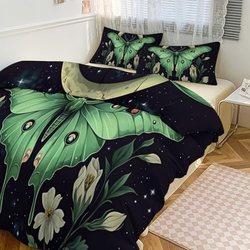 Boho Green Moth Moon 3 Piece Reversible Bedding Set 102"x90",Double Sided Brushed Microfiber Duvet Cover Set with 2 Pillowcases Soft Breathable Comforter Cover for Home - color: Boho Green Moth Moon, size: 102"x90"
