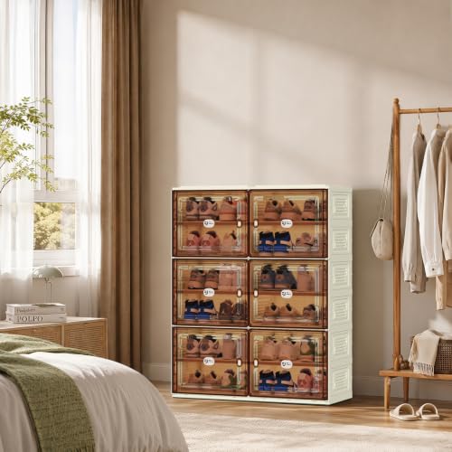 White Shoe Rack Organizer for 24 Pairs of Folding Design | Tool-free Assembly, Magnetic Clear Door, Anti-Tiping, Sneaker Storage, adjustable shelf, Folding Design, Garage, Entryway - size: 6Tier
