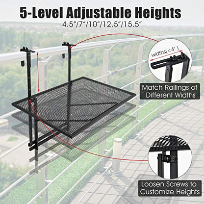 Tangkula Outdoor Folding Hanging Table, 5 Height Adjustable & Foldable Space Saving Railing Serving Table, Width from 1.5 inch to 4 inches, Suitable for Patio, Balcony and Deck - size: 24” x 19” x 24"-32.5”