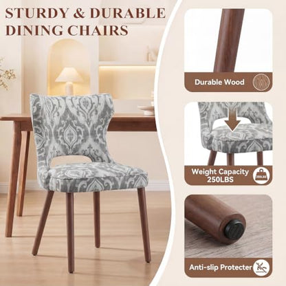 Wooden Dining Chairs Set of 6, Mid Century Dining Room Chairs with Solid Wood Legs, Upholstered Fabric Kitchen Chairs with Ergonomic Curved Backrest for Kitchen Dining Room, Jacquard - color: Jacquard, size: Set of 6