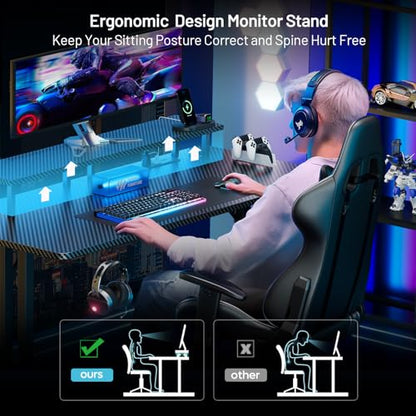 HLDIRECT 47 Inch Gaming Desk with LED Lights & Cable Management, Black | Ergonomic carbon fiber gaming computer desk with 5 sockets, monitor stand, cup holder, headphone hook & mouse pad for gamers - size: 47INCH