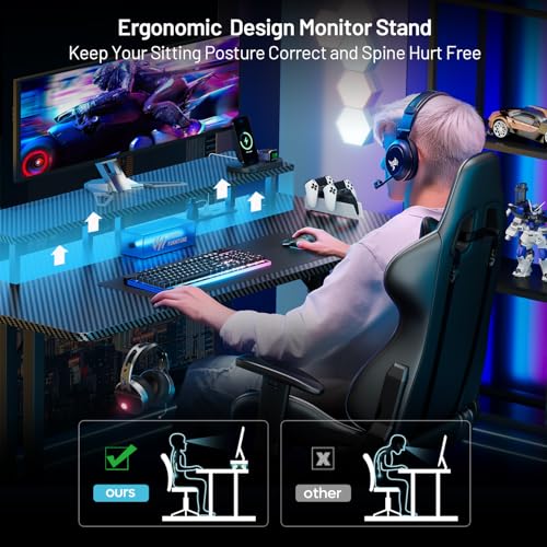 HLDIRECT 63 Inch Gaming Desk with LED Lights & Cable Management, Black | Ergonomic carbon fiber gaming computer desk with 5 sockets, monitor stand, cup holder, headphone hook & mouse pad for gamers - size: 63INCH