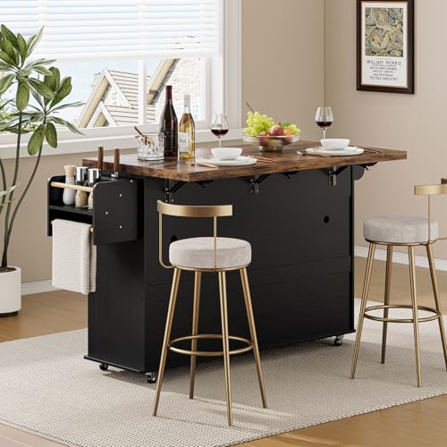 60" Kitchen Island with Power Outlet & Drop Leaf, Rolling Island with Spice Rack & Towel Rack, Kitchen Island Cart with Trash Storage Cabinet, Island Table for Kitchen, Black+Rustic Brown - color: Black+rustic Brown