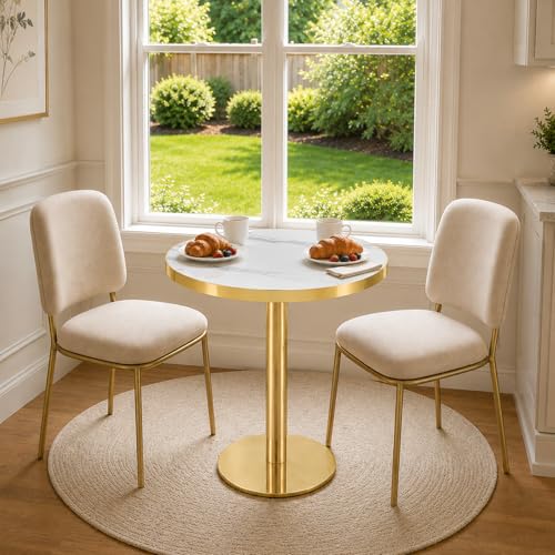 TesNus 23.6" Tulip Dining Table for 2, Small Round Tulip Table, Faux Marble Top with Gold Metal Pedestal Base, Modern Leisure Dining Table for Small Spaces, Cafe, Office, White&Gold - color: White Top&gold Base