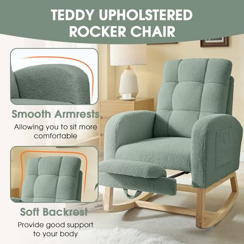 NIOIIKIT Modern Nursery Rocking Chair, Teddy Upholstered Rocking Chair with Footrest, Comfortable Rocker Chair with Side Pocket, Rocker Chair for Living Room, Bedroom, Nursing Room (Green) - color: Green