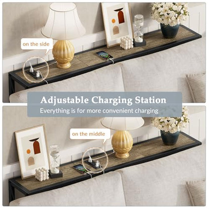 Gewudraw Narrow Console Table with Socket, Sofa Table Behind Couch | 41.8" Couch Table, Industrial Style, Long Skinny Design,For Hallway,Living Room,Bedroom, Built-In Outlets & USB,140cm Length - color: Light Grapefruit, size: 41.7 in