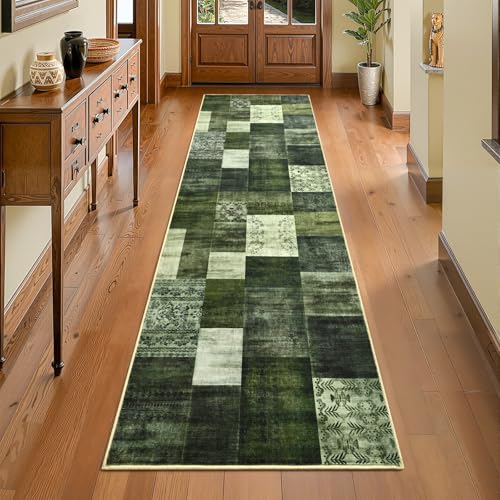 Runner Rug for for Hallways, 2'x6' Washable Kitchen Rugs with Non Slip Rubber Backing, Soft Low Pile Non-Shedding Geometric Carpet for Laundry Bedroom Bathroom, Green - color: Green, size: 2 Ft X 6 Ft