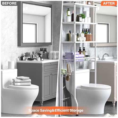 Over the Toilet Storage shelf, 4-Tier Bathroom Organizer Rack, Easy To Install with Adjustable Feet Pad and Basket Freestanding Bathroom Shelves Above Toilet, Space Saver Toilet Storage Cabinet(White) - color: White