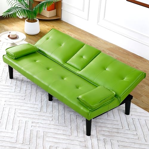67" Futon Sofa Bed, Convertible Leather Futon Couch (Green) | Sleeper Bed Couches with Adjustable Backrest, Cup Holders, Comfy Folding Loveseat Couch for Small Spaces Living Room Office - color: Green