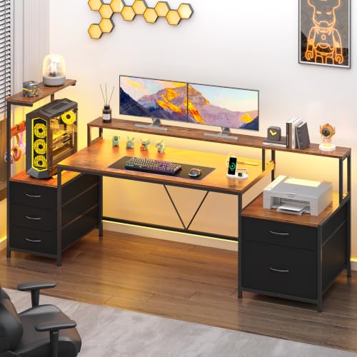 63" Gaming Desk with Drawers, Storage Shelves and Printer Stand | Computer Desk with Monitor Stand and LED Lights, Reversible Home Office Desk with Printer Shelf, Rustic Brown - color: Rustic Brown
