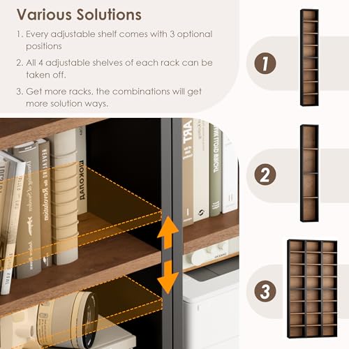FOTOSOK 2 Pcs 71'' Tall Narrow Bookshelf, 8-Tier Media Tower Rack Set of 2 | CD DVD Storage Cabinet with Adjustable Shelves, Tall Narrow Bookcase Skinny Display Bookshelf Slim Shelf, Black/Brown - color: Black/Brown