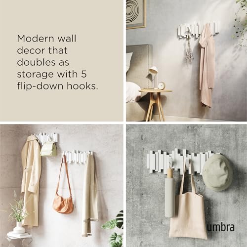 Umbra Sticks Wall Mount Coat Rack, 5 Hook Retractable Pegs, White | Mounting hardware included, sculptural modern design, entryway or bedroom use, recycled plastic - color: White, size: 5-Hook