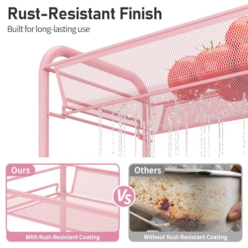 TOOLF 3 Tier Rolling Cart, Metal Utility Storage Cart with Wheels, Pink | 3 Hooks, Screwless Assembly, Trolley Organizer for Bathroom, Kitchen, Office, Nursery, Dorm, Laundry Room - color: Pink, size: 3-Tier