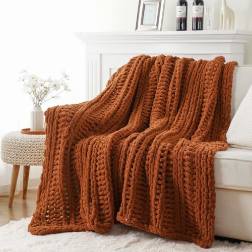 BATTILO Rust Throw Blanket for Couch, Fall Decor, 50"x60", Chunky | Decorative Fall Throw Blanket, Halloween Decorations, Cozy Warm Soft Chenille Throw Blanket for Bed, Sofa, Living Room - color: Caramel