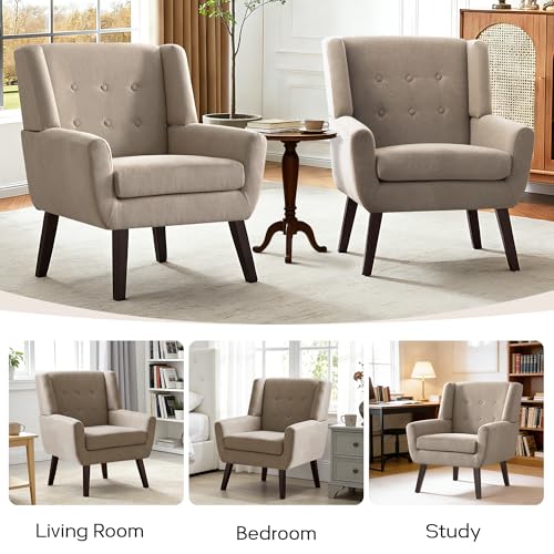 HUIMO Accent Chair for Living Room,Upholstered Button Linen Armchair Chair | Mid Century Modern Tufted Armchair with Fabric,Comfy Arm Chairs for Club Living Room Reading Bedroom,Waiting Room Khaki - color: Khaki
