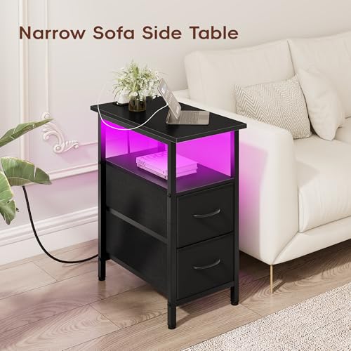 Set of 2 Black Nightstand with Charging Station and LED Lights, Narrow Side Table, LED Night Stand with 2 Fabric Drawers, Bedside Table Small End Table, Tall Nightstand for Bedroom, Black - color: Black, size: 2, style: With LEDs