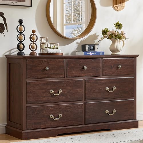 Farmhouse 7 Drawer Walnut Dresser for Bedroom | 54" Wide Wooden Long Dressers & Chests of drawers with Rustic Handles & Floor-Standing Thickened Foot - color: Walnut, size: 15.6"D x 54"W x 31"H (7 Drawers)