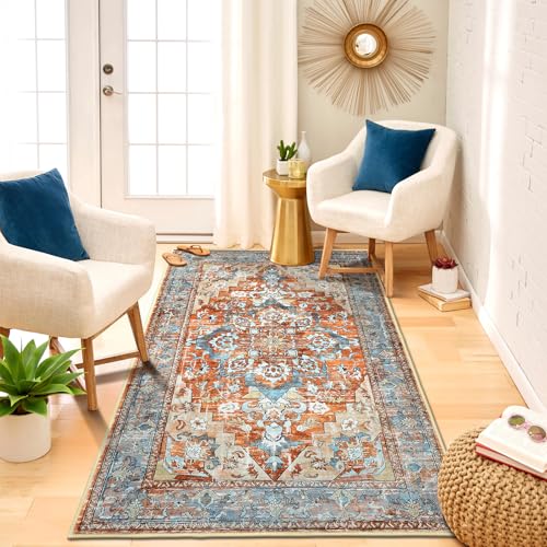 Bsmathom Area Rugs for Living Room 3x5 Non Slip Machine Washable Vintage Boho Throw Rugs Low Pile Indoor Entry Way Floor Carpet for Bedroom, Dining Room - color: Brown Red, size: 3' x 5' (Rectangular)