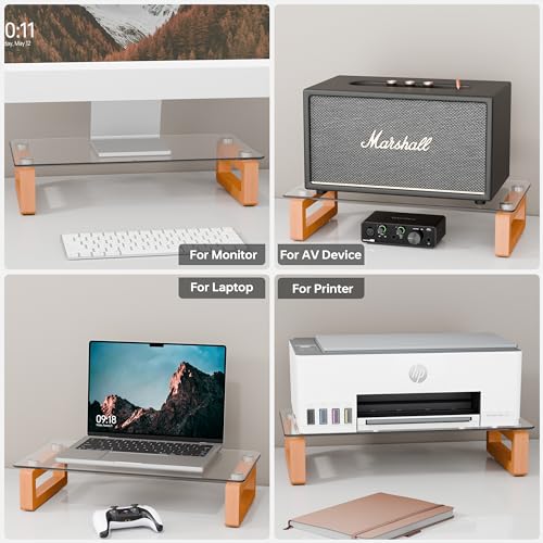 YEOUX Multi-Purpose Desktop Stand, Clear Floating Computer Monitor Riser with Natural Wood Base, Desk Organization Shelf for Printer, Laptop, Audio Device, Flat Screen - color: Beech&Clear