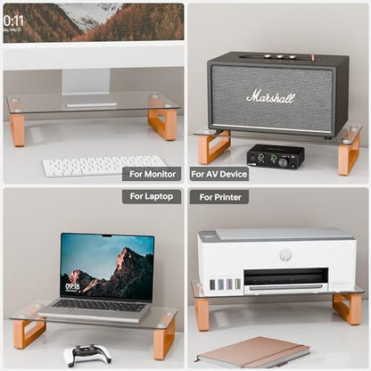 YEOUX Multi-Purpose Desktop Stand, Clear Floating Computer Monitor Riser with Natural Wood Base, Desk Organization Shelf for Printer, Laptop, Audio Device, Flat Screen - color: Beech&Clear