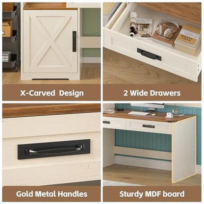 60" Computer Desk with Drawers & Bookshelves for Bedroom, Home Office | White Computer Desk with Bookcase & Drawers, Vanity Desk Writing Study Table with Storage, Antique White - color: Antique White