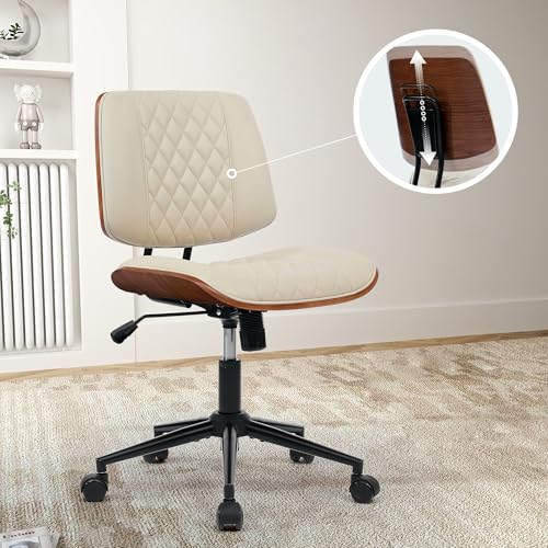 Home Office Desk Chair with Swivel Wheels, Ergonomic Adjustable Height Small Office Chair, Premium PU Leather Armless Computer Chair for Home Office, Reading Meeting Room, Modern Walnut Style (Beige) - color: Mcm Style-beige