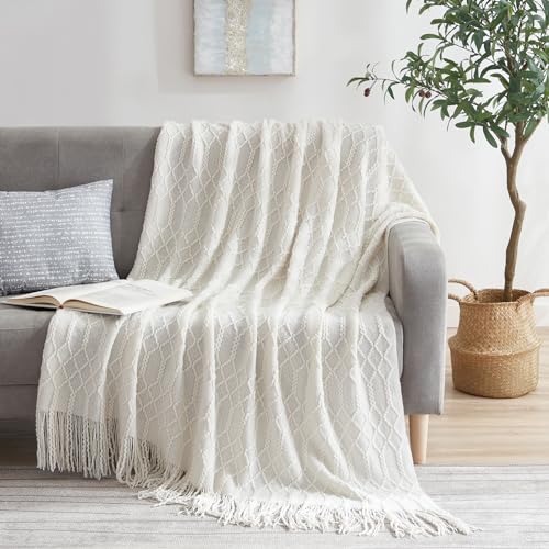KASYLAN Acrylic Knitted Throw Blanket for Sofa Bed 50x60 Inch Off White | Ultra soft acrylic knit, lightweight warm, multi-scene for sofa couch bed, machine washable, breathable textured throw - color: Rhombu-off White
