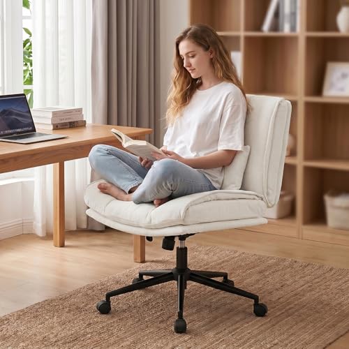 Armless Criss Cross Office Chair with Wheels,Chenille White | 5.5" Double Layers Thickened Seat Cushion and Backrest,Lumbar Pillow,Swivel Chair,Wide Comfortable Cross Legged,320LBS - color: White