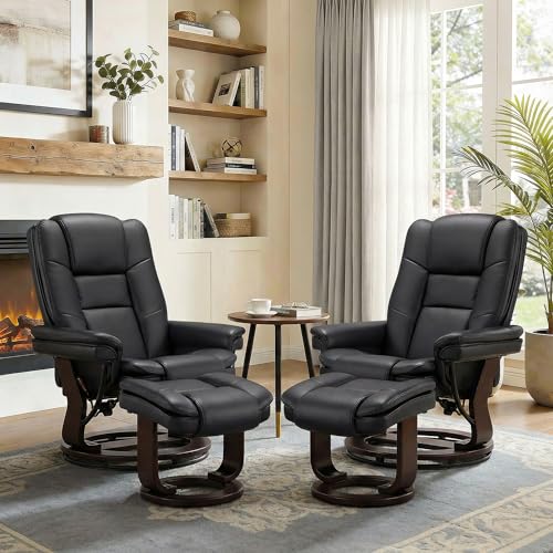 Swivel Recliner Chair with Ottoman Reclining Lounge Sofa Footrest, Set of 2 | 360°Sturdy Wood Base, Soft Faux Leather, Upholstered Ultra-Plush Foam, Modern Armchair, Living Room Bedroom Office Reading - color: Black, size: Set of 2