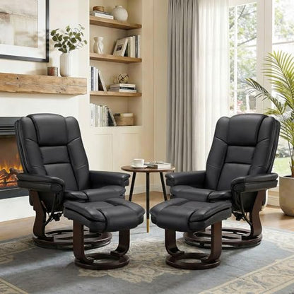 Swivel Recliner Chair with Ottoman Reclining Lounge Sofa Footrest, Set of 2 | 360°Sturdy Wood Base, Soft Faux Leather, Upholstered Ultra-Plush Foam, Modern Armchair, Living Room Bedroom Office Reading - color: Black, size: Set of 2