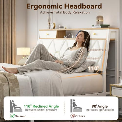 FreeHouse Full Size Bed Frame with Headboard & Storage, All Metal Structure | PU Leather Upholstered Bed Frame Full Size with Charging Station, Diamond Tufted, Gold Accents, No Box Spring Needed, White - color: White, size: Full