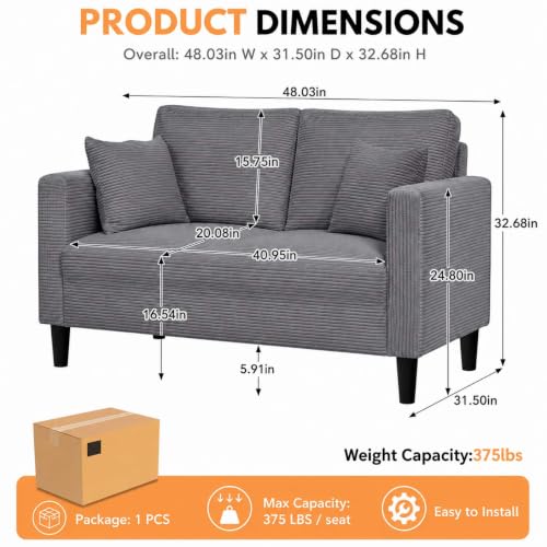 48 "Loveseat Couches,Small Love Seat Sofa with Pillows for Small Spaces,Comfy Corduroy Sofas w/ Wood Frame,Tool-Free Setup Compact Futon Couch for Apartment,Dorm,Office,Settee (Dark Gray, 2-Seater) - color: Dark Gray, size: 2-Seater