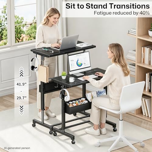 Small Mobile Standing Desk: 5-in-1 Charging Station - Power 5 Devices | Move & Charge in Any Room, Sit-Stand or Walk While Working, Store Supplies in Side Bags, Fits Small Spaces & Treadmills