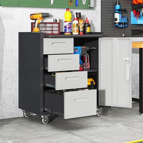 Garage Cabinets,Metal Garage Storage Cabinet with Wheels,Lockable Rolling Tool Cabinet with Drawer and Adjustable Shelves,Heavy Duty Tool Chest for Home Office Utility Room,Black/Grey - color: Black/Grey, size: 4 Drawers & 1 Door