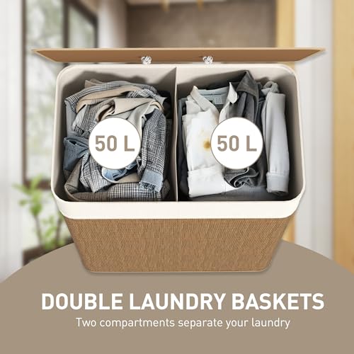 HOMCOM Double Laundry Basket with Lid 26.4 Gallon Bamboo Hamper Brown | Rope Handles, Clothes Hamper, Removable Liner, Bathroom, Bedroom - color: Brown