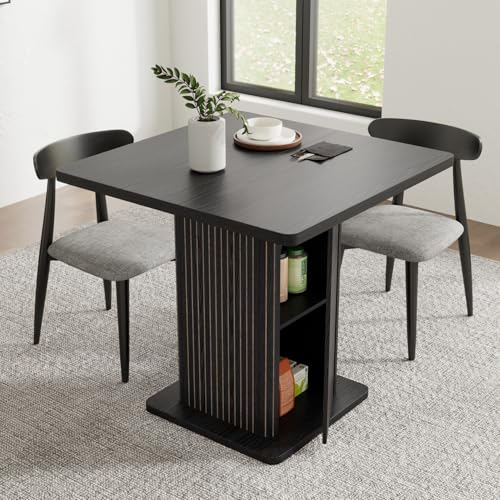 Small Dining Table for 2-4, 31.5 Inch Farmhouse Square Kitchen Table with 2-Tier Storage Shelf, Modern Wood Dinner Furniture with Fluted Doors, Dining Room, Living Room, Space Saving, Black - color: Black-square-1 Door, size: Small Square