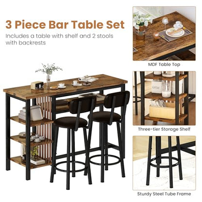 Recaceik 47" Bar Dining Table Set for 2, 3 Piece Bar Table and Chairs Set, Kitchen Counter Height Dining Table Set, Small Kitchen Bar Table with Storage & 2 Stools, Breakfast Nook Set for Small Space - size: 47 inches
