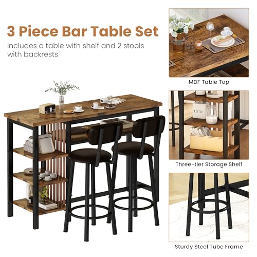Recaceik 3 Piece Bar Dining Table Set, Modern Bar Table and Stools for 2, Kitchen Counter Height Dining Table Set with 4 Storage, Breakfast Nook Set Pub Table with Backrest - size: 47 inches