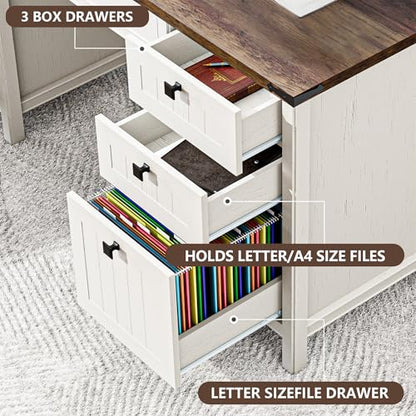White Farmhouse Desk, 45" Desk with Outlets & File Drawer | At Home Office Desk with Built-in Charging Station, Full Extension Storage for Small spaces, Remote Workers & Students - color: White