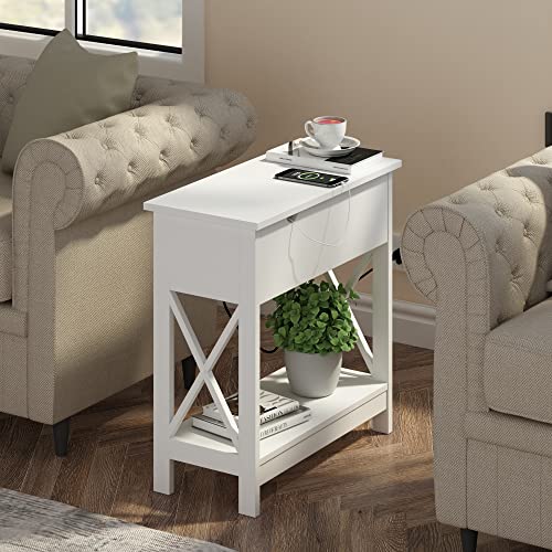 ChooChoo End Tables Living Room Set of 2, Side Table with Charging Station | Narrow Flip Top Side Table, Nightstand Sofa Table for Living Room, Bedroom, White - color: White