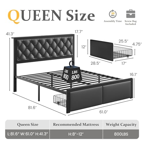 PHGLL Queen Bed Frame with Upholstered Headboard and 2 Storage Drawers, Platform Bed Frame with Charging Station, All Metal Structure, Noise Free, No Box Spring Needed, Black - color: Black, size: Queen